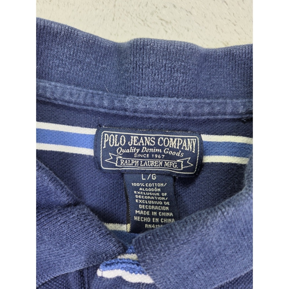 Vintage Polo Jeans Co Ralph Lauren Polo Shirt Mens Large Blue Striped RL Flag - Picture 5 of 8